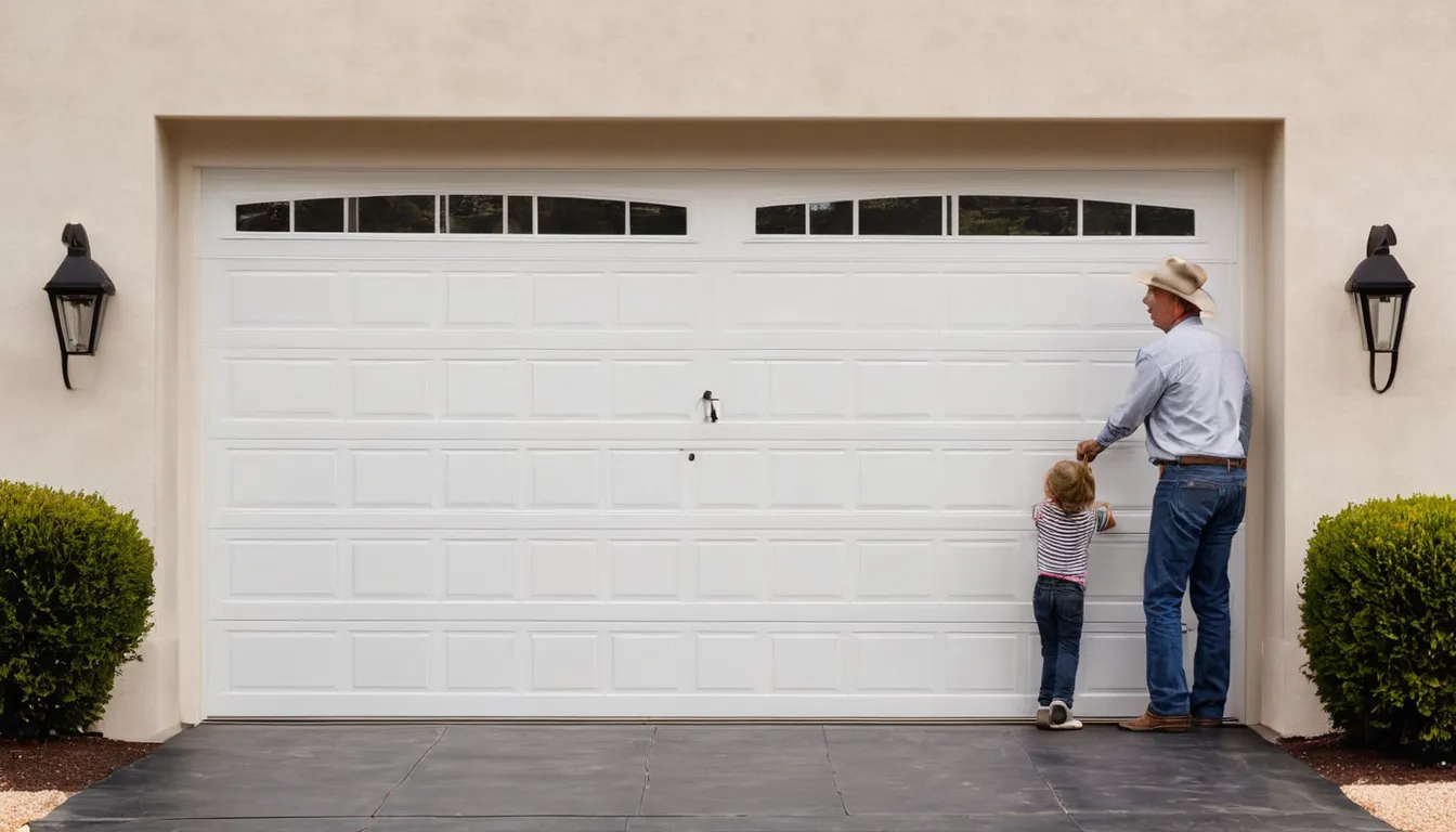 Local provider fitting a new garage door on a stucco home in Rancho Cordova while a homeowner looks on
