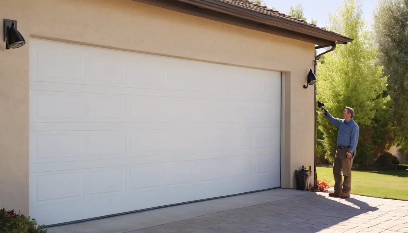 A local provider checking a torsion spring above a garage door at a stucco home in Rancho Cordova